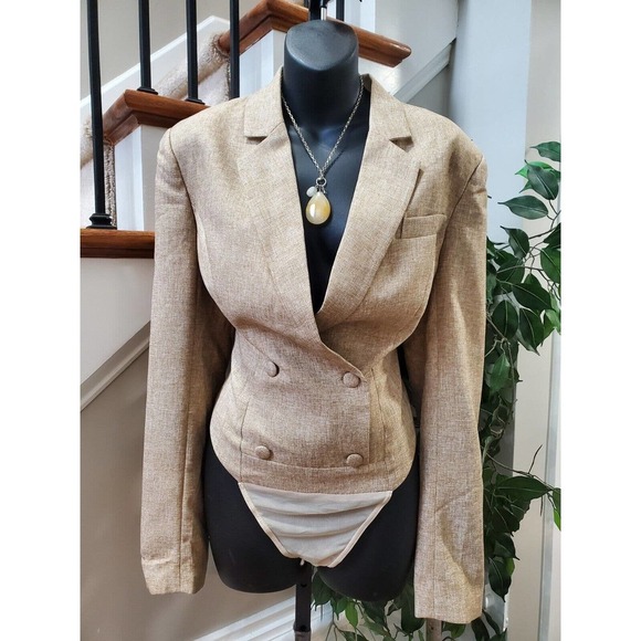 L' Atiste Beige Polyester Full Sleeve Notch Lapel Button Front Bodysuit Blazer M - Picture 11 of 11